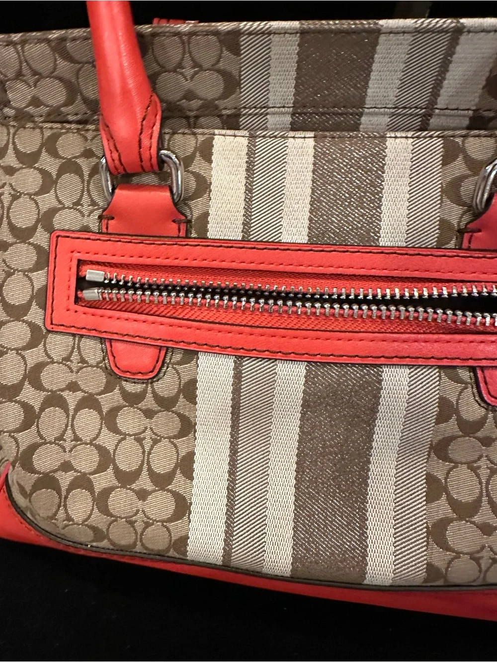 Coach Cadence Legacy Signature Carryall Canvas Tote with Coral Red Leather Trim - Picture 10 of 15